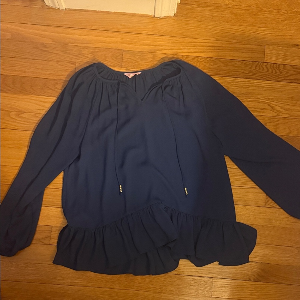 Lilly Pulitzer Navy Ruffle-Hem Long Sleeve Blouse